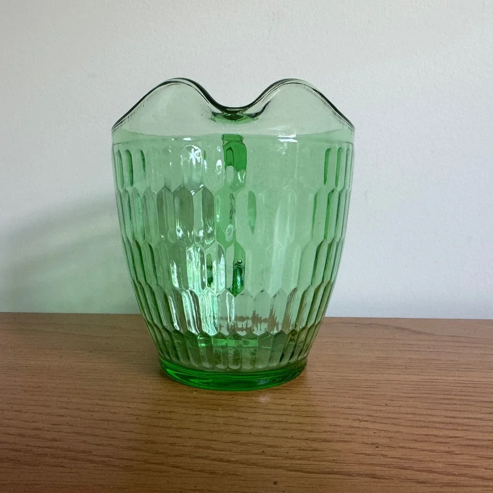 Teleflora 75 Years‎ Anniversary Green Glass Pitcher Honeycomb Ribbed Vintage